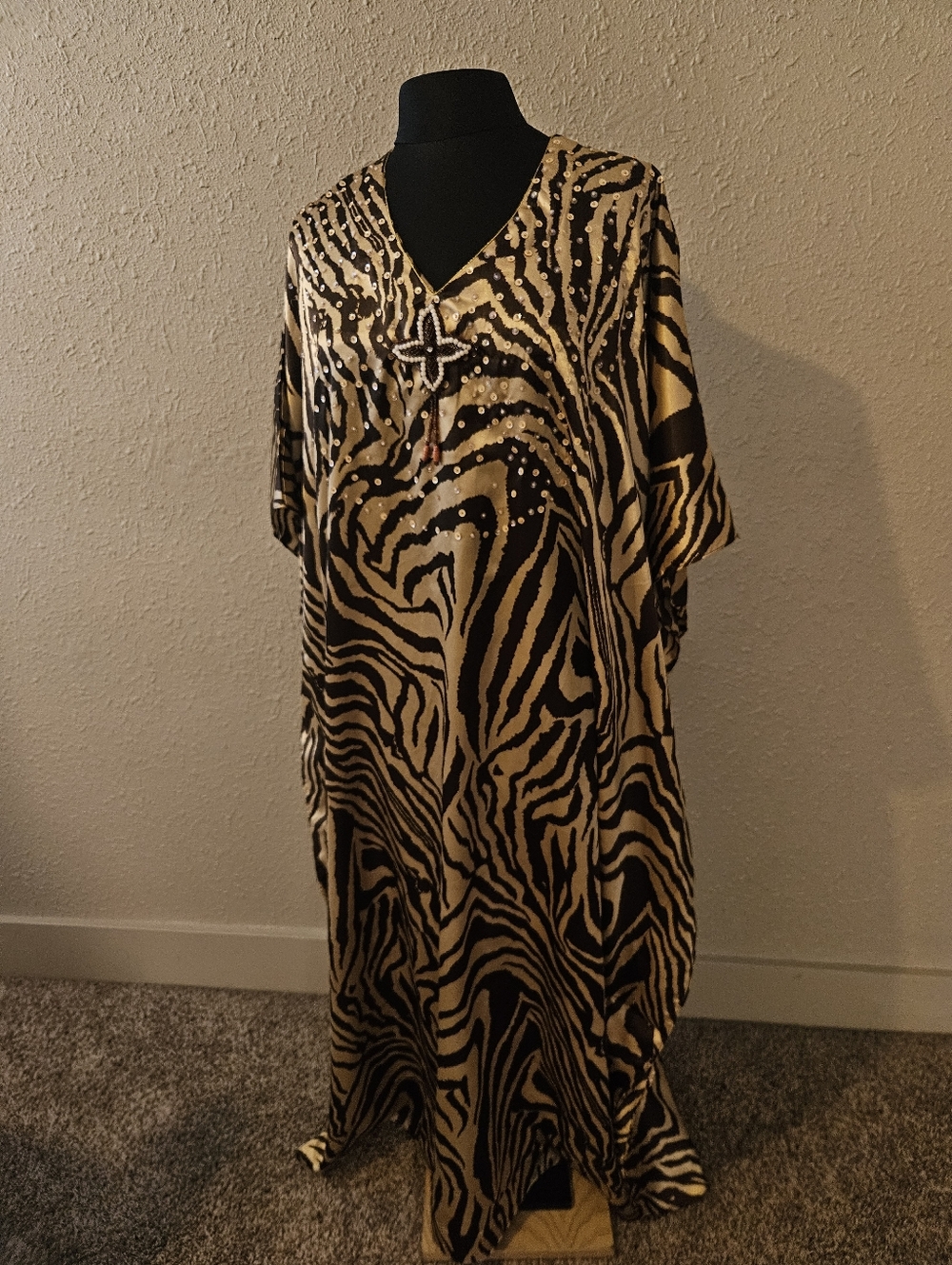 Black & Gold Zebra Print Women's Caftan Dress